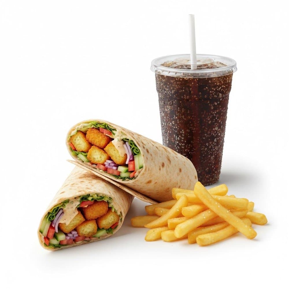 Veggie Wrap: wrap con nuggets di verdure, insalata e pomodoro, con patatine e bibita